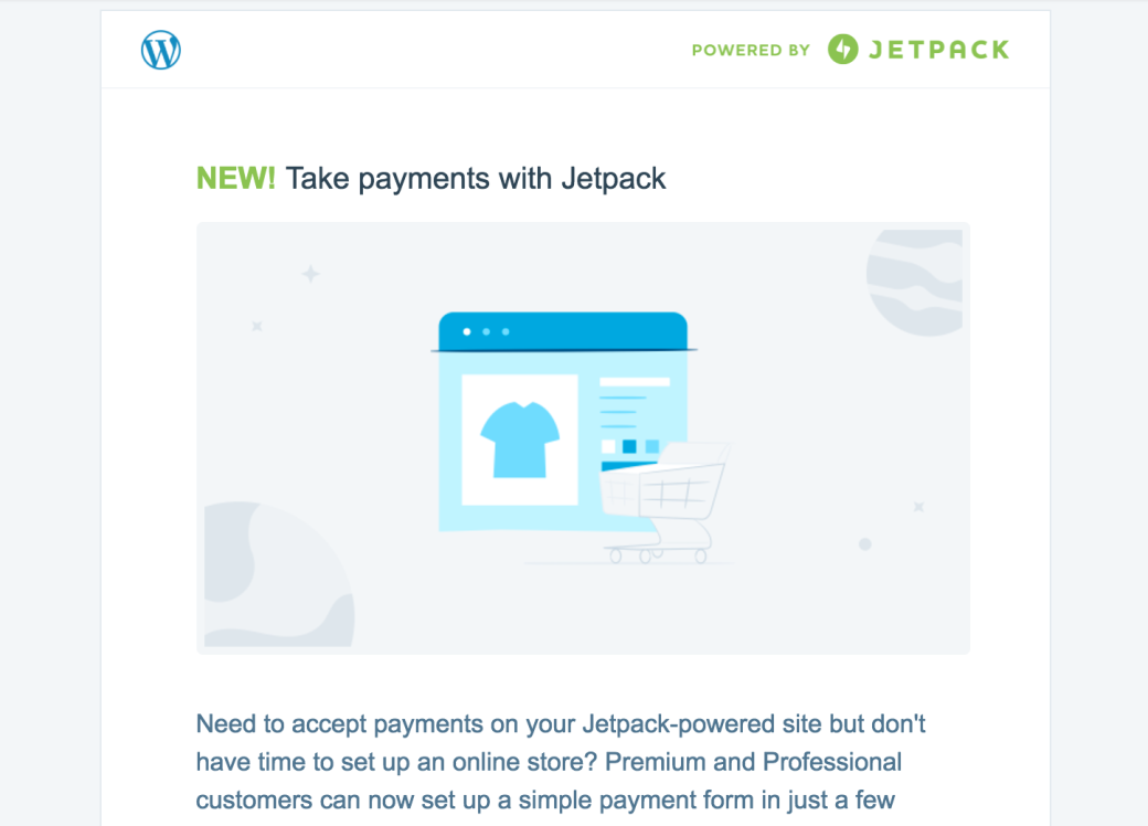 Jetpack Newsletter email outlining new features and how-tos